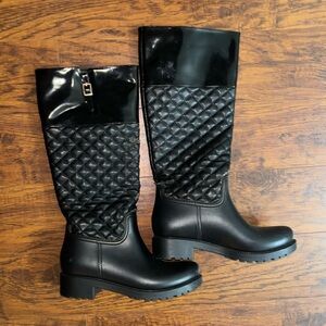 Lady Godiva Tall Black Quilted Winter Rain Boots Heeled Textured Rainshoes